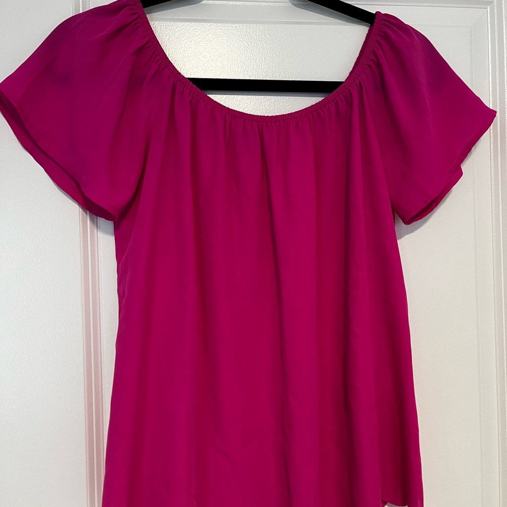 off the shoulder pink scalloped blouse